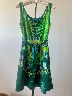 Desigual Green Graphic Print Cotton Fit Flare Dress Satin Tie XL/XXL Bohemian